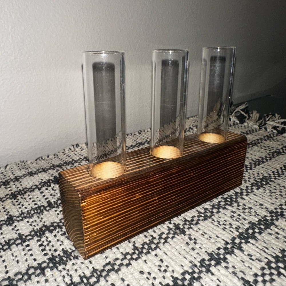 Brown Wooden Test Tube Vase Holder, Source Unknown